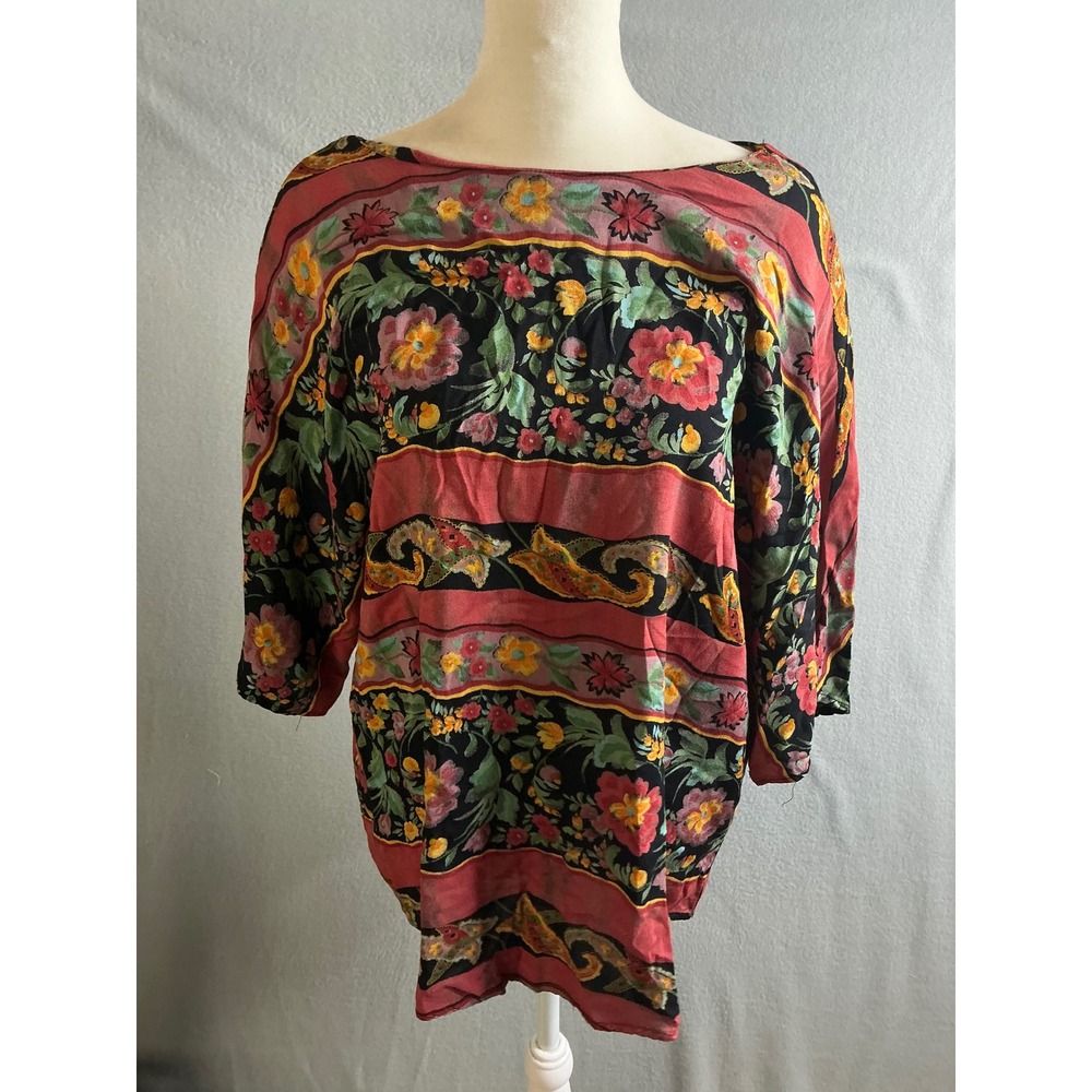 AKF New York Blouse Women's Extra Large Floral Print 3/4 Sleeve Button‎